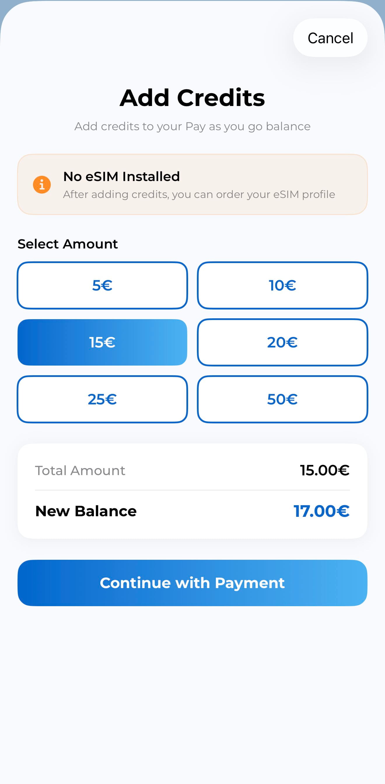 Add Credits screen — select amount and continue with payment